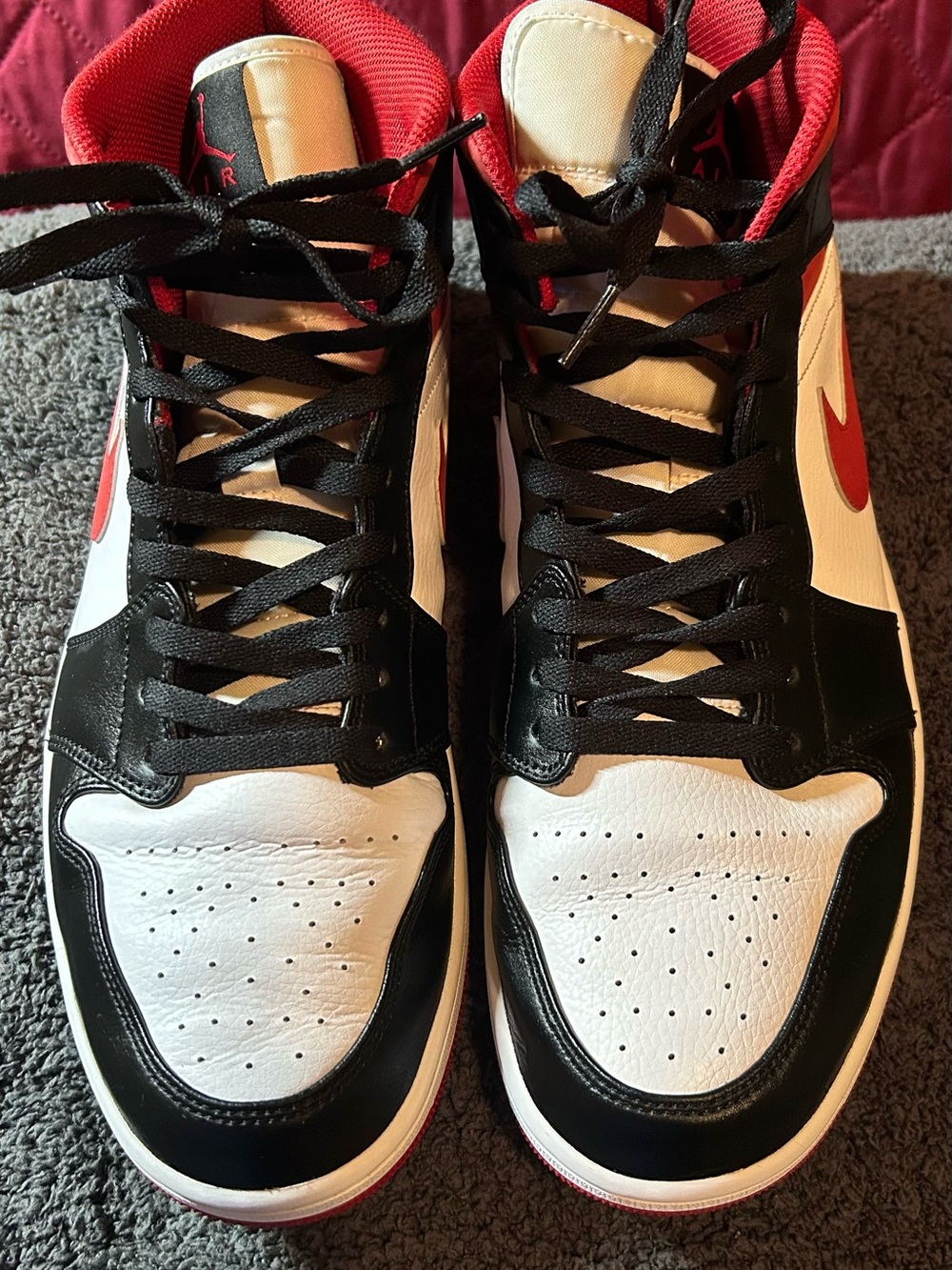 Jordan 1 Mid Gym Red Black and White Mens Sneakers- 554724-122